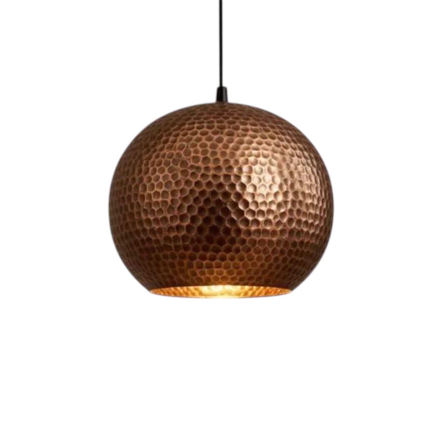 Front view of a single solid hammered copper dome pendant lamp, handcrafted in Morocco.