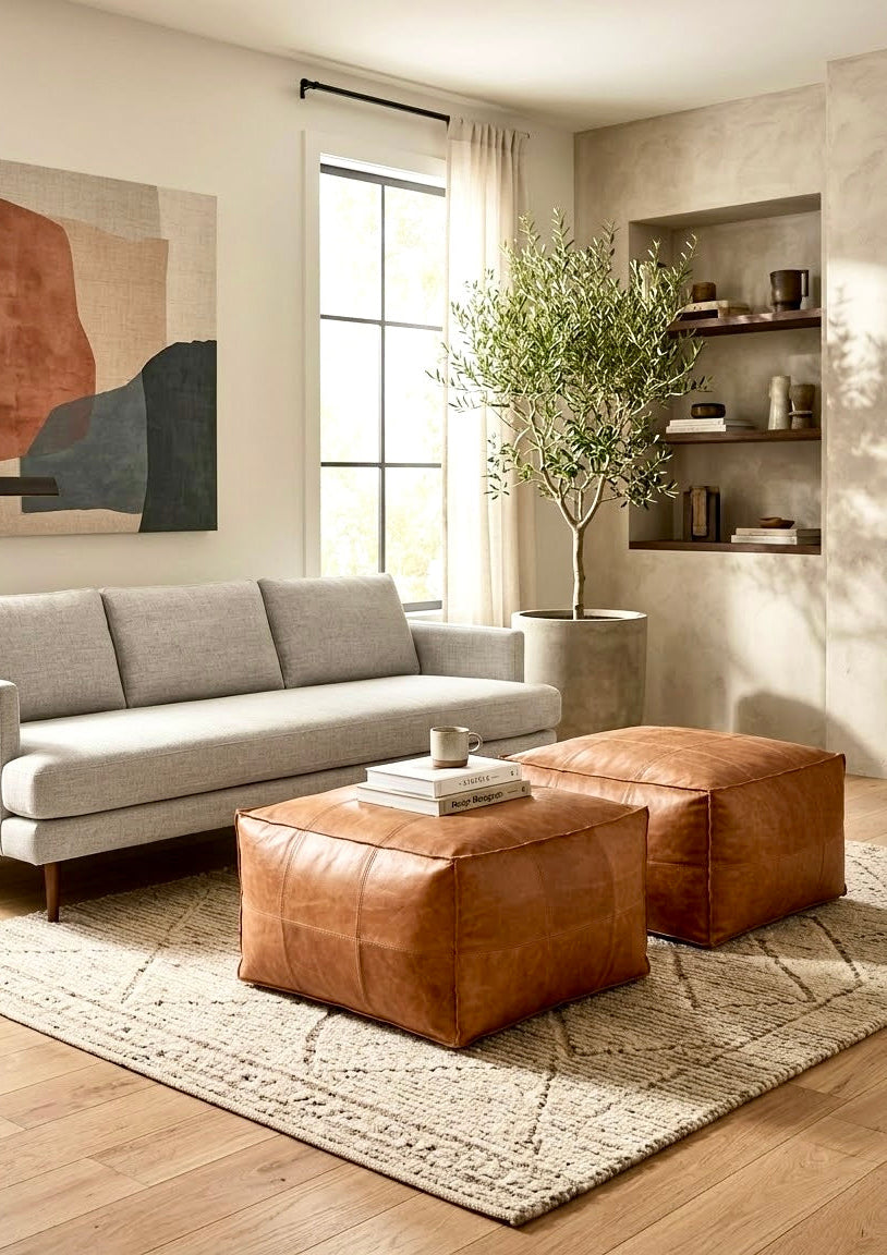 Moroccan Genuine Leather Square Pouf - Ref 4001