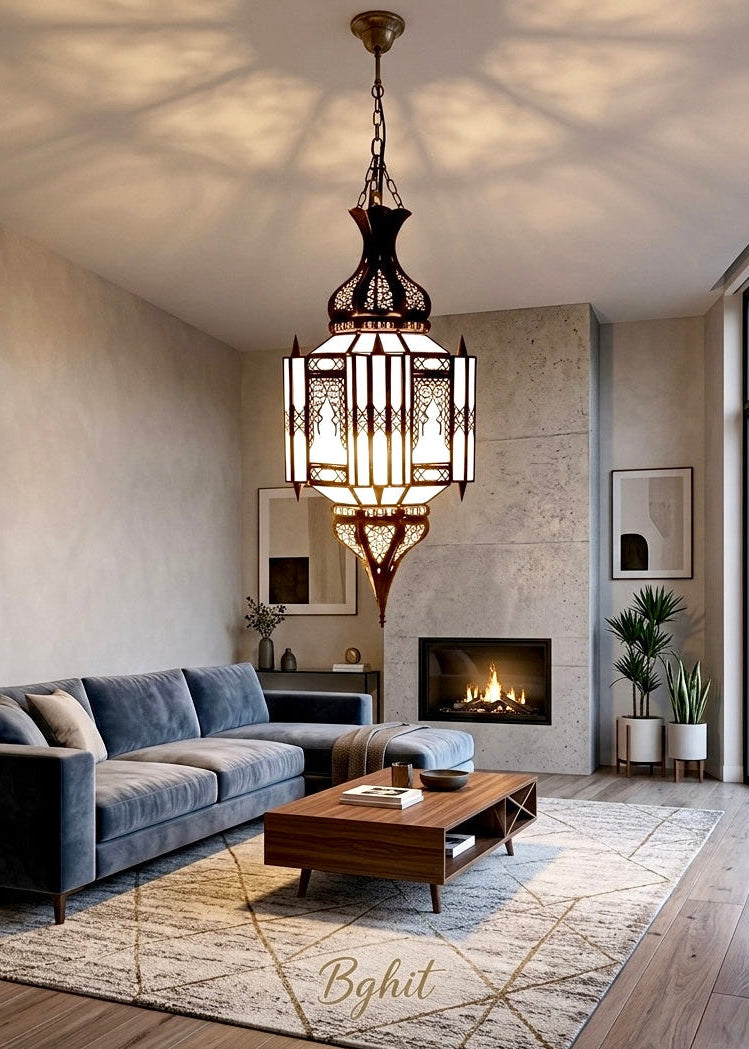 Statement glass and brass lighting for living room or dining area, gold accents.