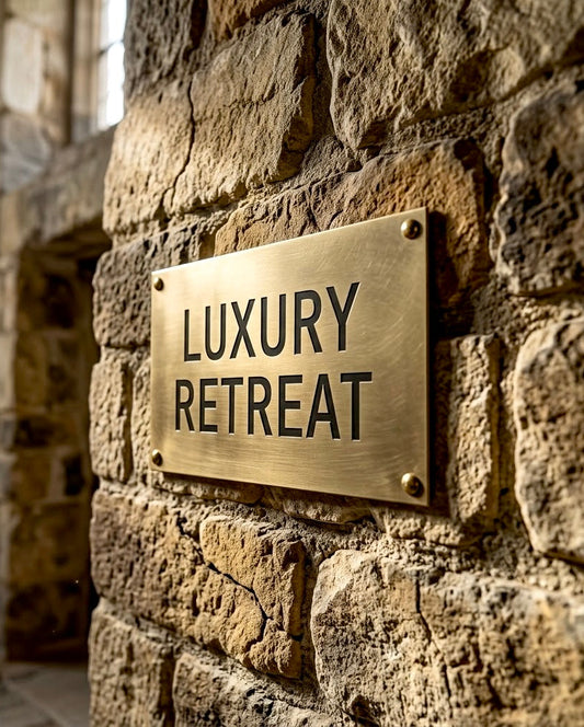 Personalized commercial nameplate sign 'Luxury Retreat' on a textured white brick wall.⁠