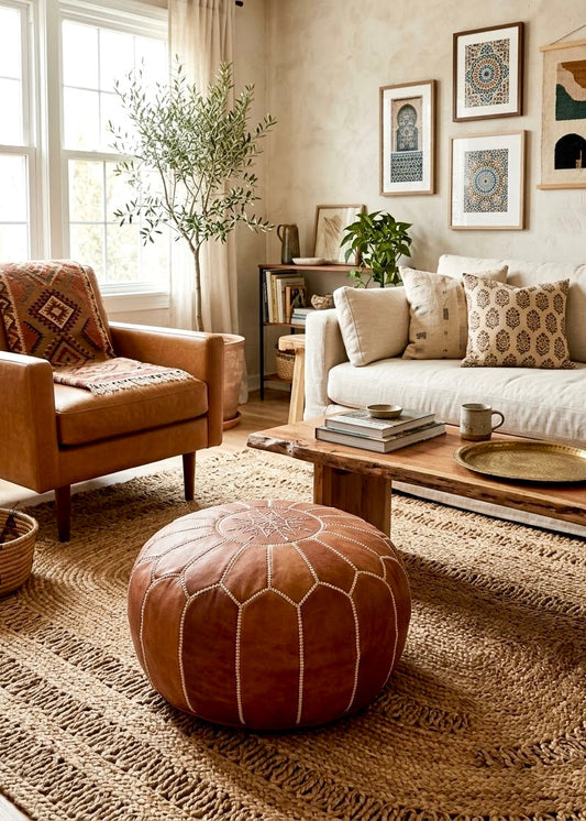 Authentic Moroccan leather pouf in tan brown for cozy living room interior, popular Christmas gift idea