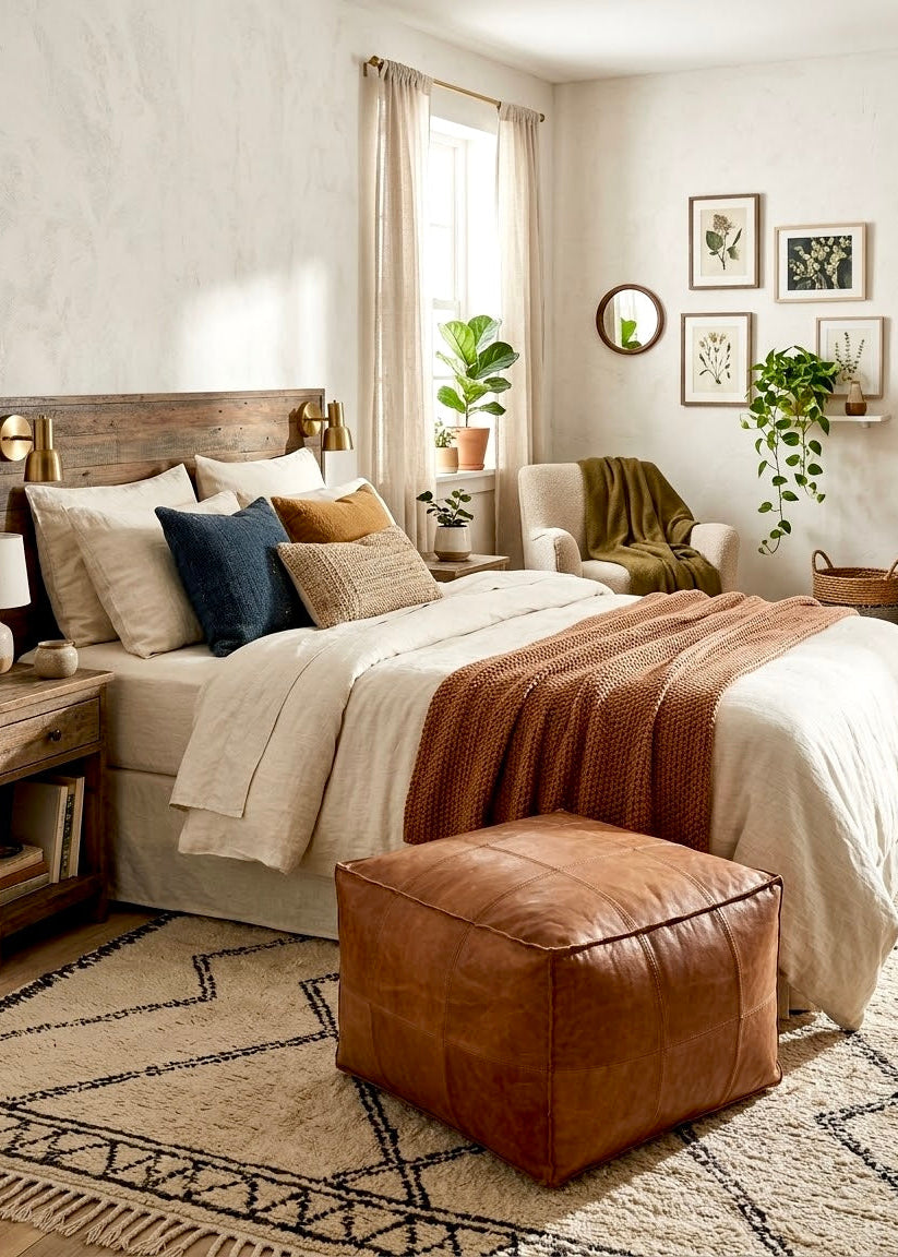 Light brown square Moroccan leather footstool placed at the foot of a bed in a warm cozy bedroom⁠