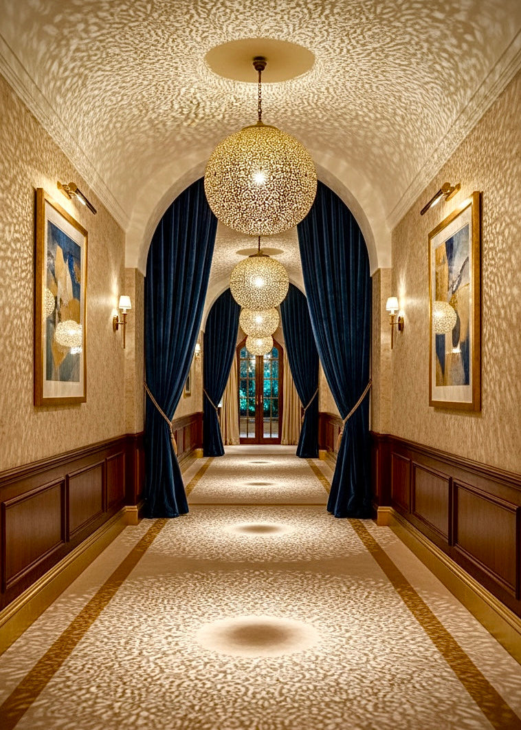 Close-up of the hand-perforated holes on a brass lamp showing the authentic Moroccan craftsmanship.