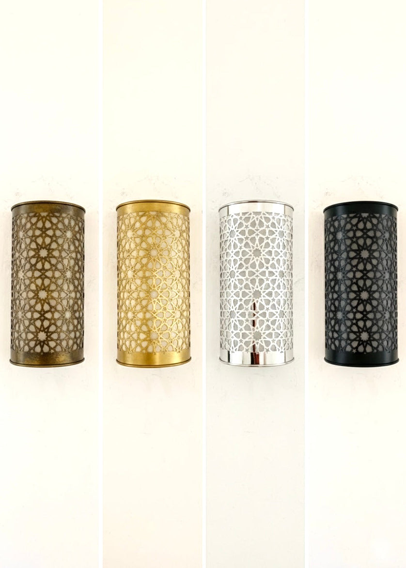 Traditional Moroccan wall lamps shown in four finishes: Gold, Antique Brass, Silver, and Black.