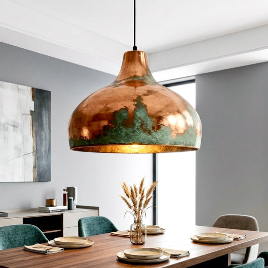 Unique aged copper dome pendant light, statement artisan fixture for home decor.