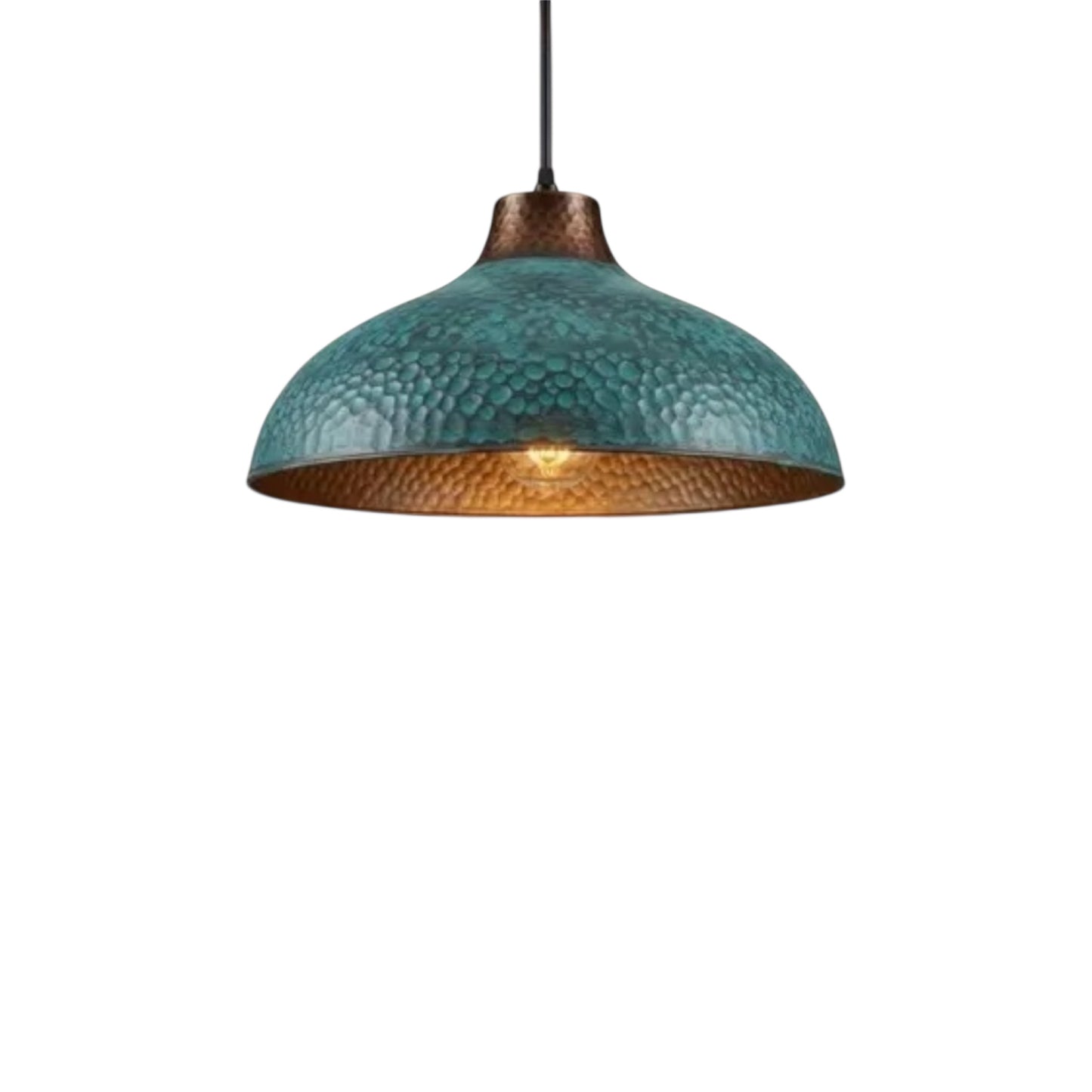 Handmade brass lamp featuring a natural green oxidized finish and glowing gold interior.