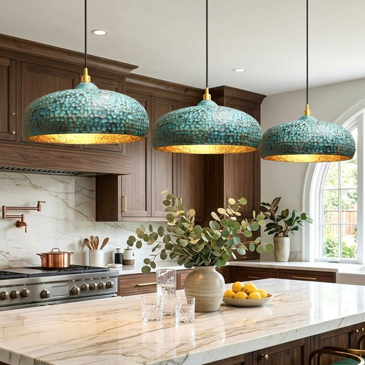 Authentic verdigris copper farmhouse pendant lamp, aged brass finish for dining room.