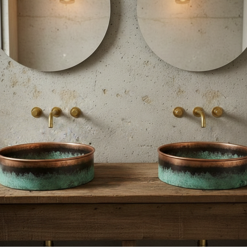 Copper Vessel Sink with Green Patina Finish - Round Bathroom Basin - Ref. 1801