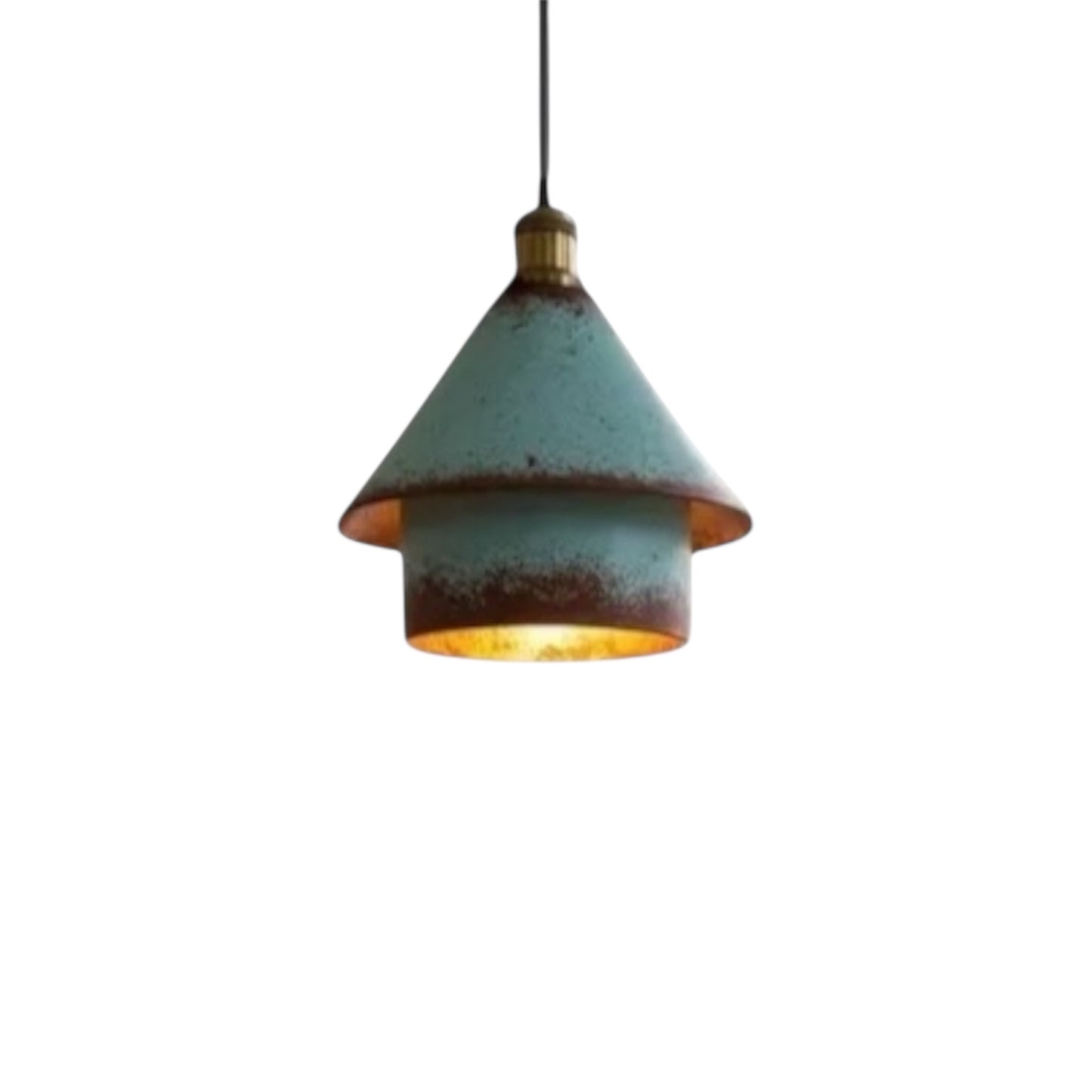 Detailed close-up of the weathered verdigris patina green texture and rustic finish on a handmade metal pendant light