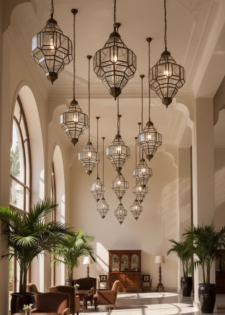 Antique-style Moroccan hanging lamp in brass, perfect for bohemian home decor.