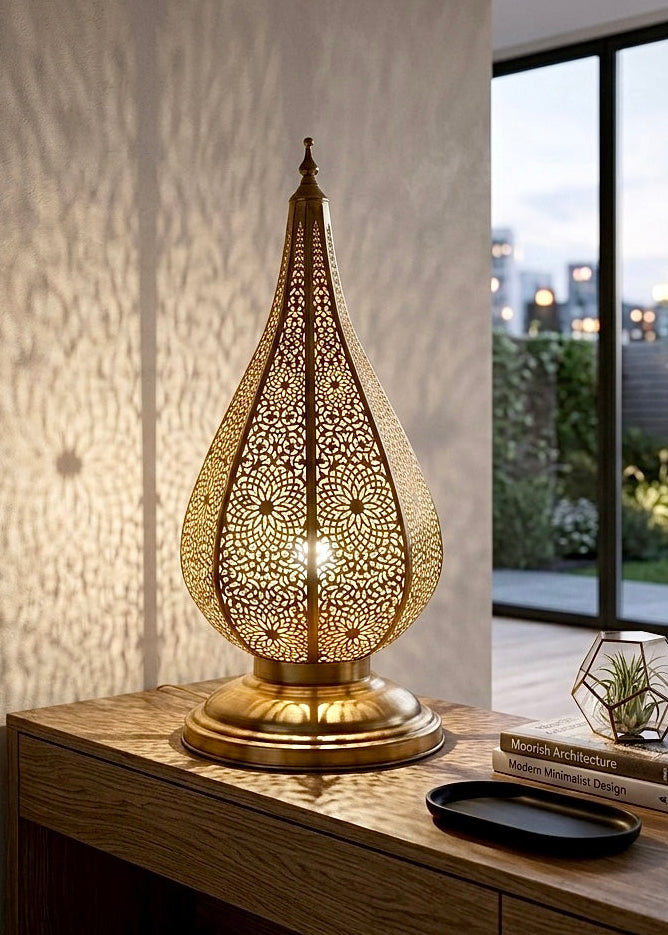 Vintage Moroccan brass lantern table lamp, exotic home decor for living room.
