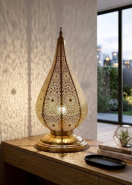 Vintage Moroccan brass lantern table lamp, exotic home decor for living room.