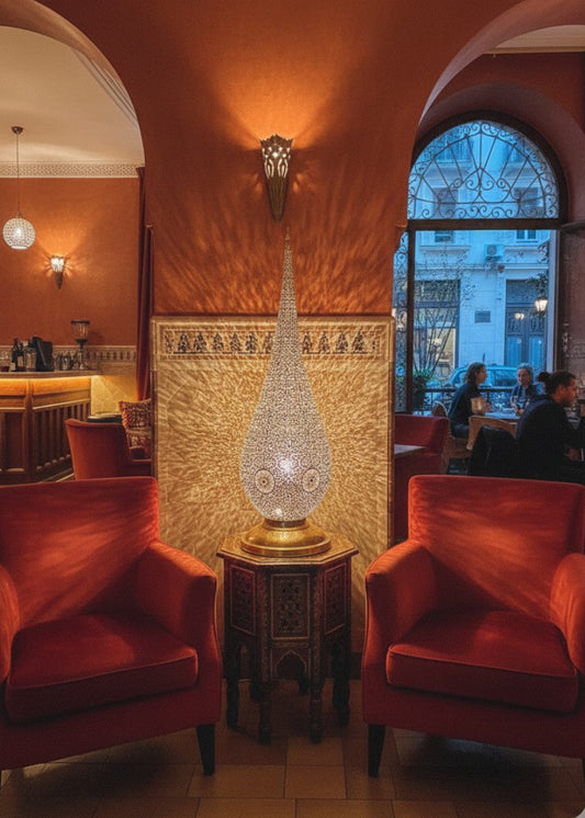 Vintage style Moroccan standing lamp in solid brass casting warm shadows.