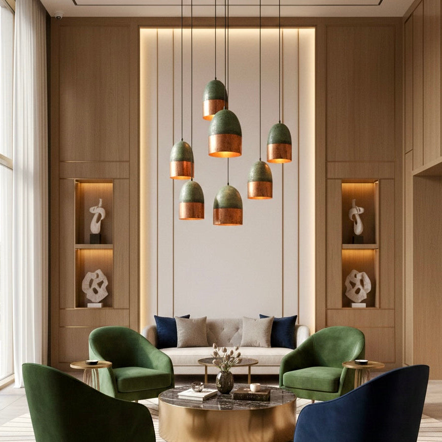 Industrial style pendant light in oxidized copper with weathered green and red tone