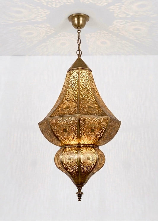 High-quality handmade Moroccan brass ceiling fixture, available for retail and wholesale worldwide shipping.