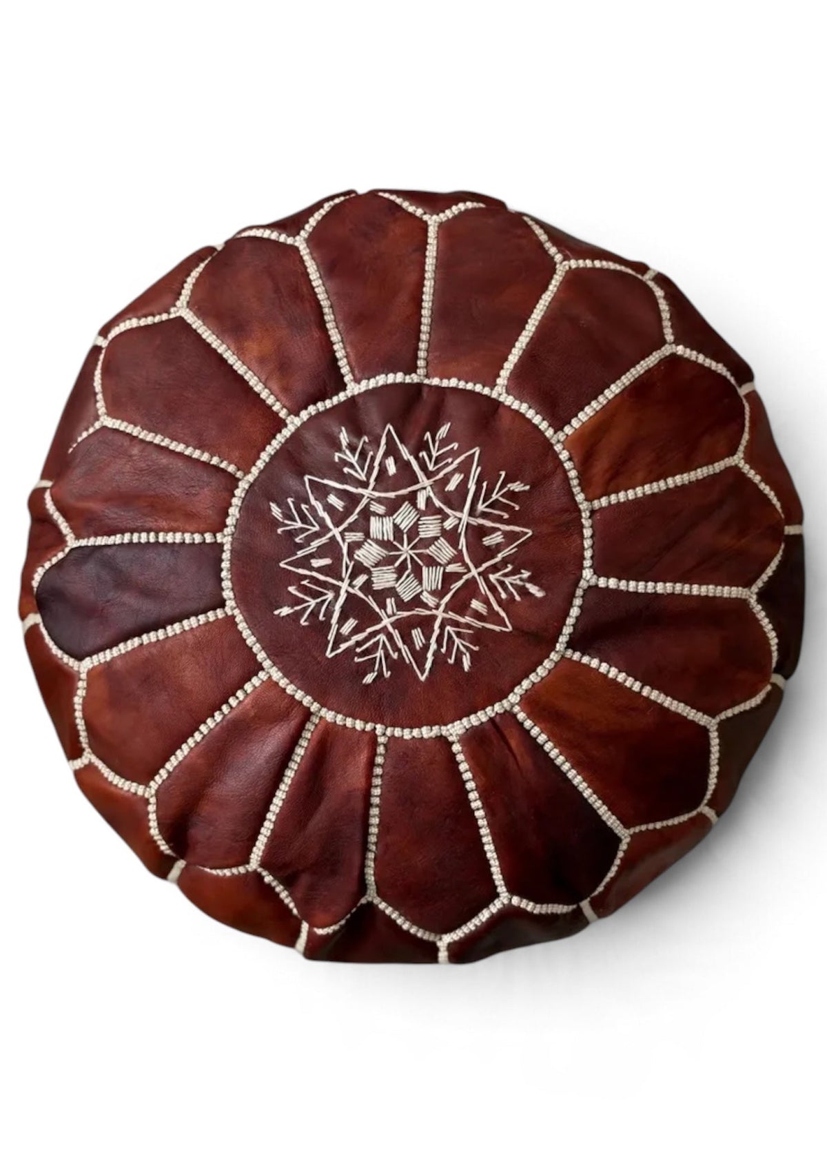 Handmade dark brown Moroccan leather pouf with traditional white embroidery top view, wholesale export⁠