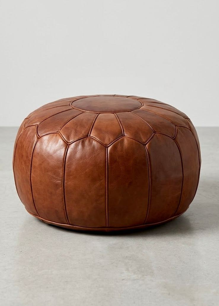 Moroccan Genuine Leather Round Pouf - Ref 4002