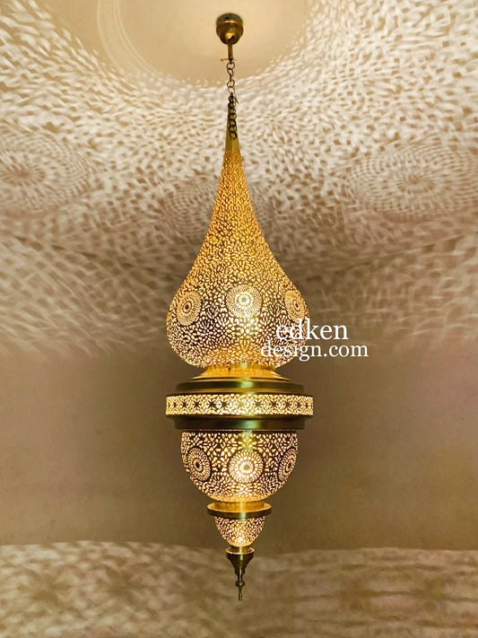 Large authentic Moroccan brass pendant lamp with intricate hand-carved patterns.