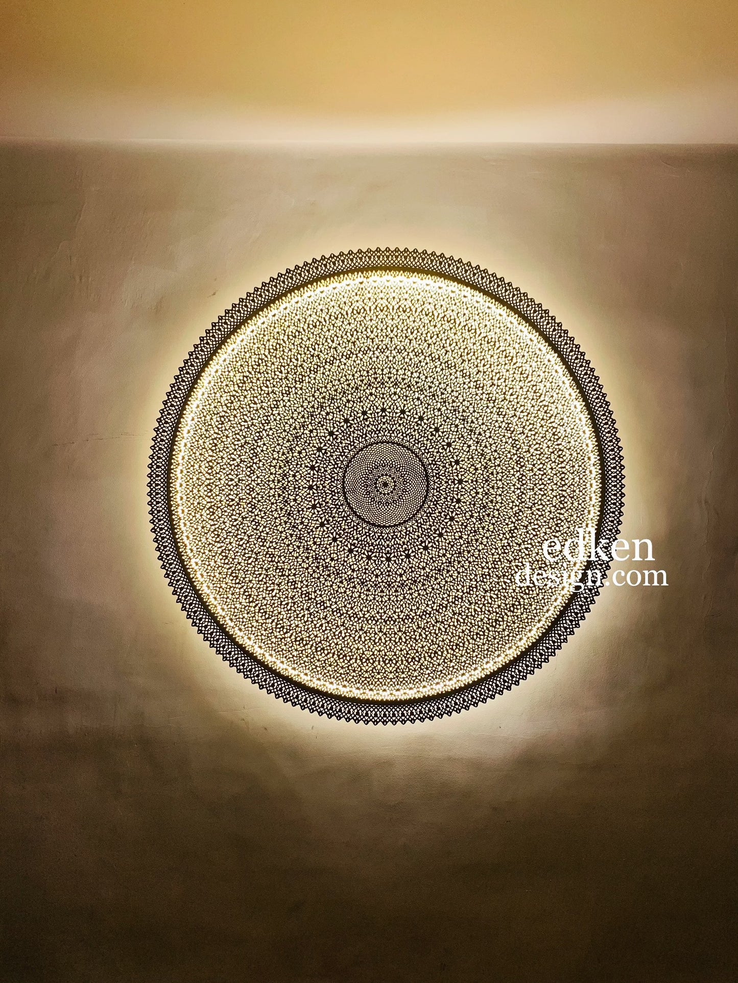 Round handcrafted Moroccan brass flush mount ceiling light with 4 internal lamps, traditional etched metalwork for luxury interiors.