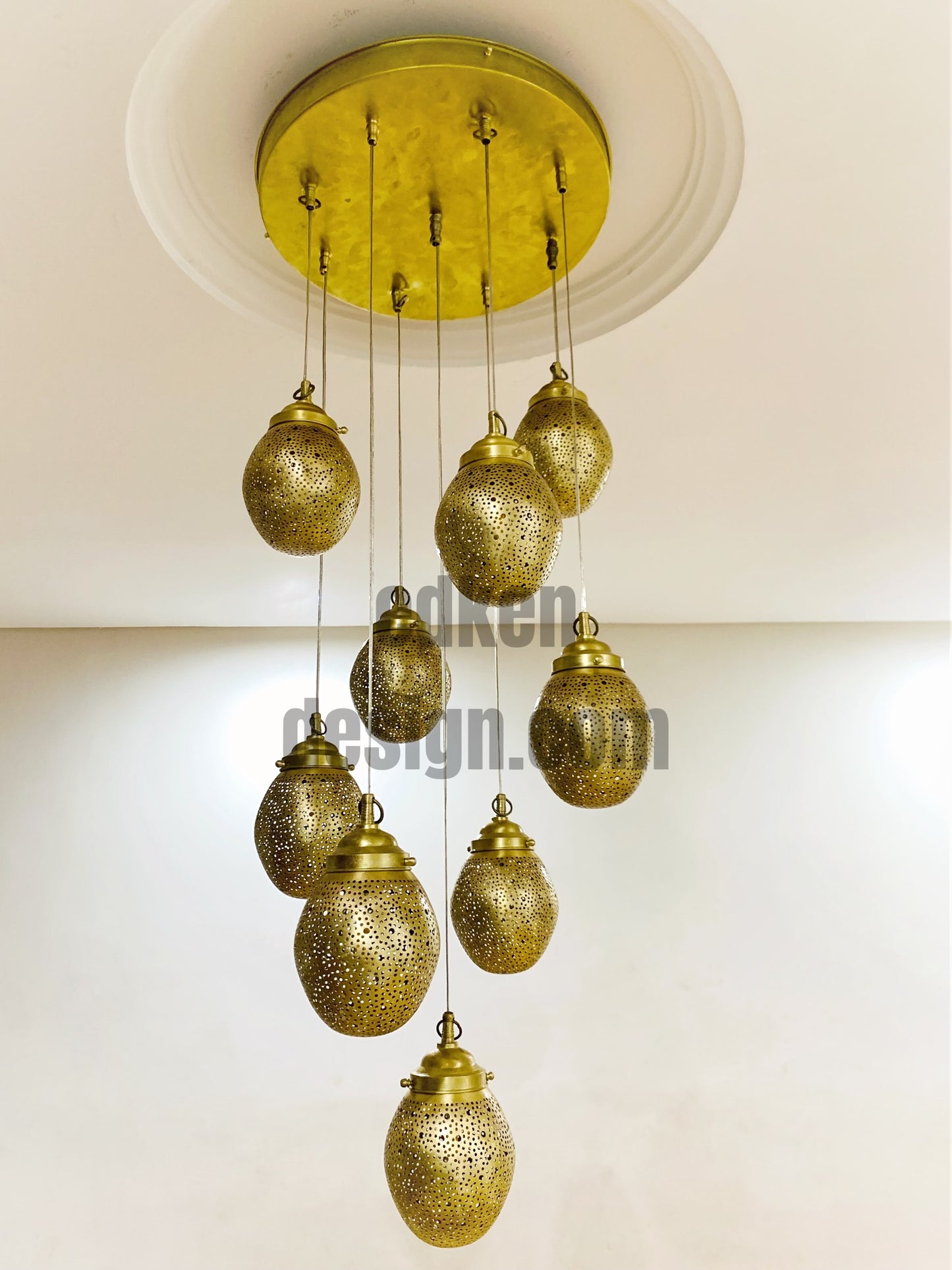 High-quality solid brass Moroccan hanging lamp with a gold finish shown without light.